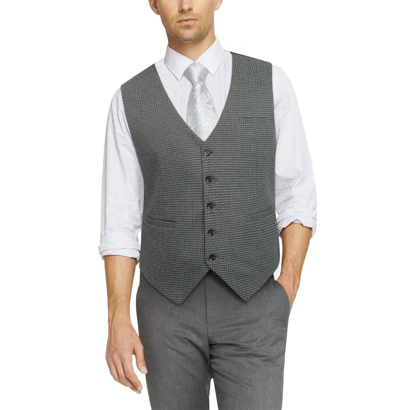 Hisdern Men's Grey Plaid Wedding Vest For Skinny Guys