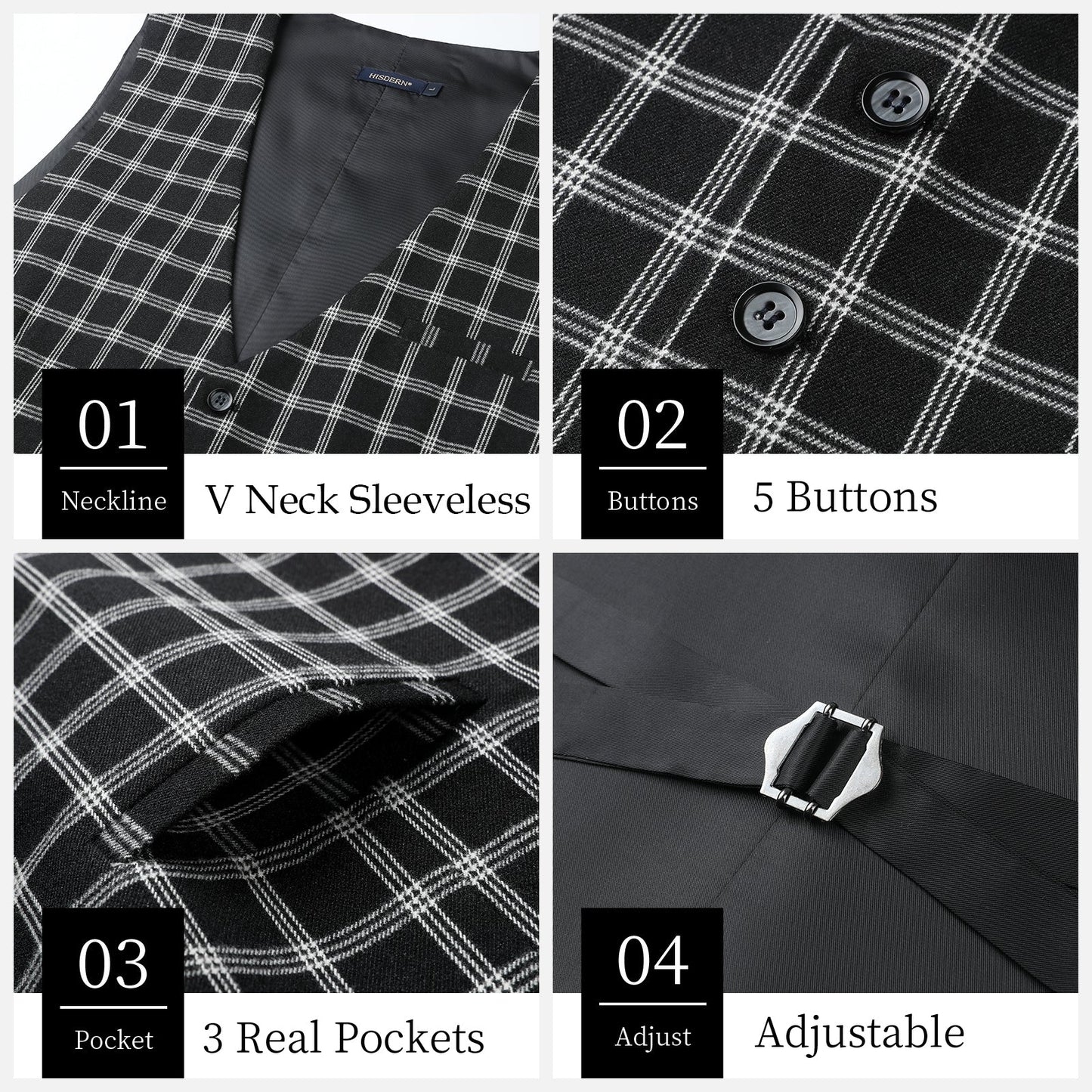 Hisdern Men's Black White Plaid Wedding Vest For Skinny Guys