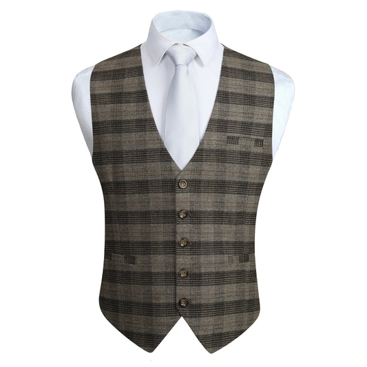 Hisdern Men's Brown Plaid Wedding Vest For Skinny Guys
