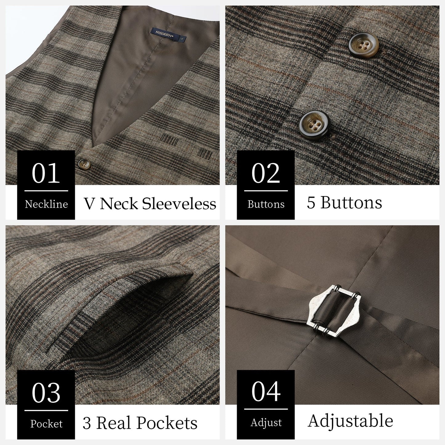 Hisdern Men's Brown Plaid Wedding Vest For Skinny Guys