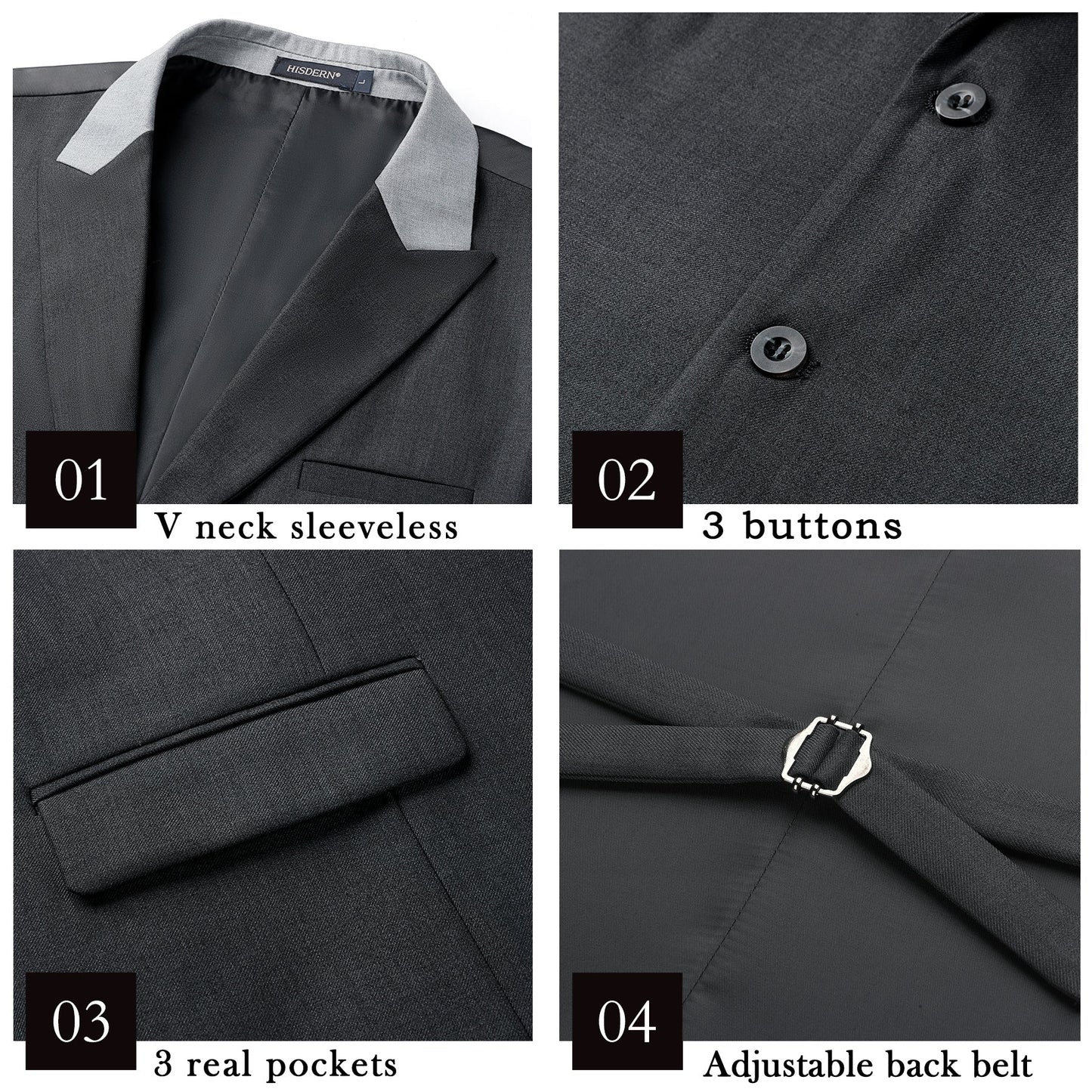 Hisdern Men's Charcoal Satin Suit Vest with Lapel Formal Wear