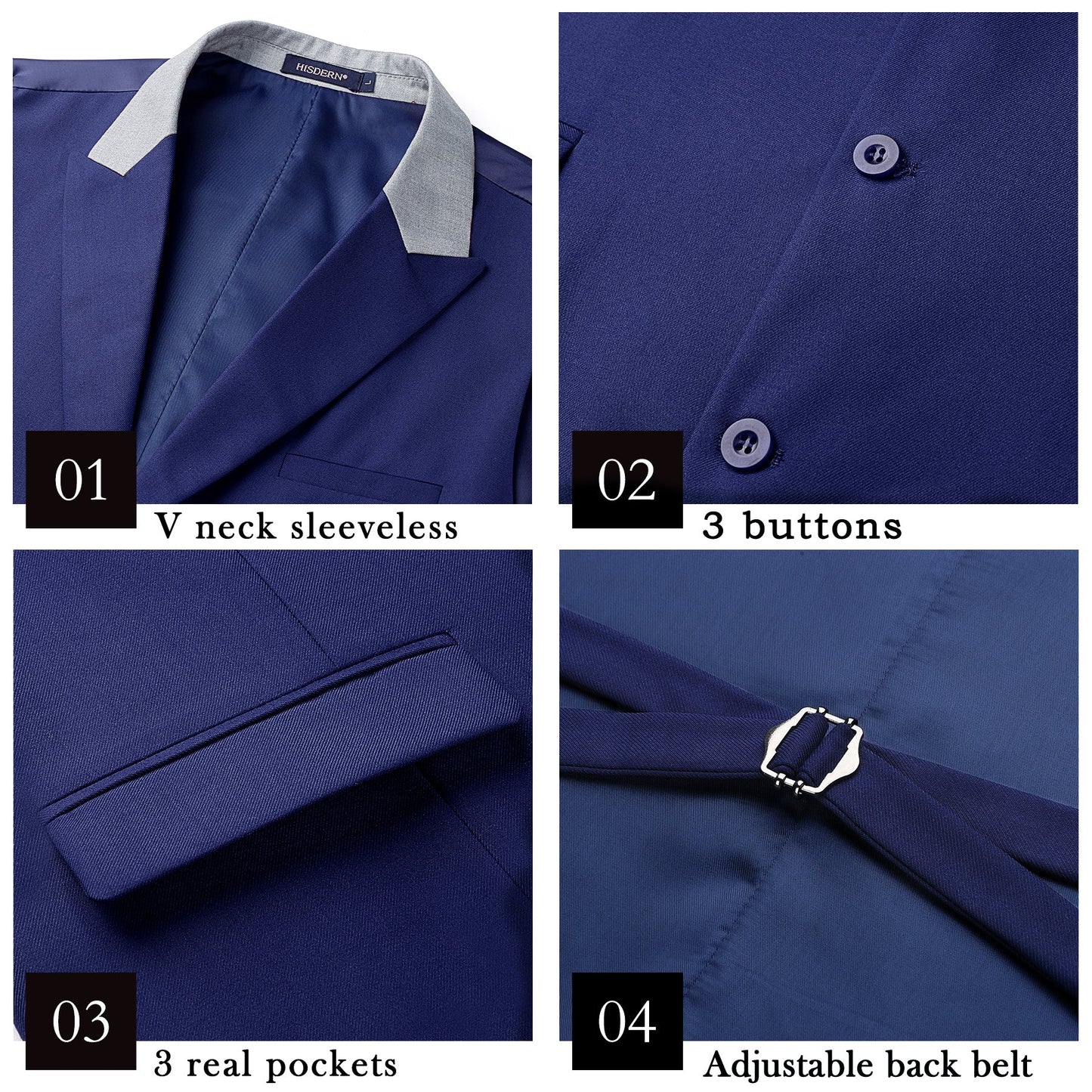 Hisdern Men's Navy Blue Satin Suit Vest with Lapel Formal Wear