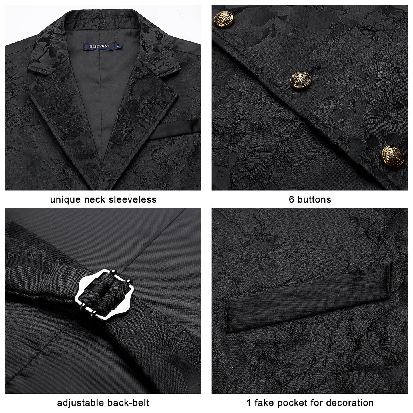 Hisdern Gothic Men's Formal Vest Black Lapel Party Coat