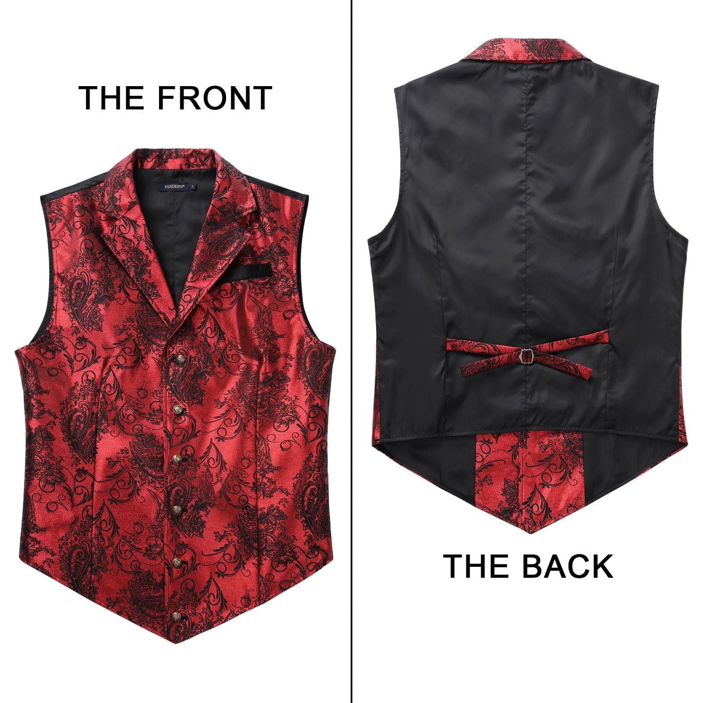 Hisdern Gothic Men's Formal Vest Silver Red Black Lapel Party Coat