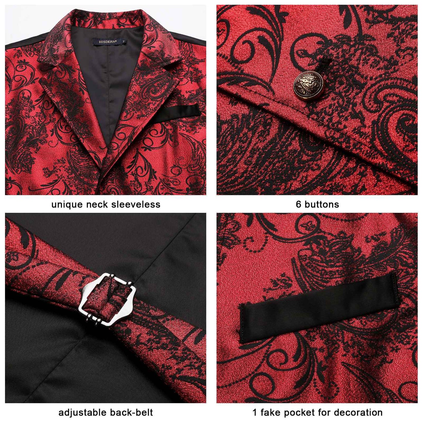 Hisdern Gothic Men's Formal Vest Silver Red Black Lapel Party Coat