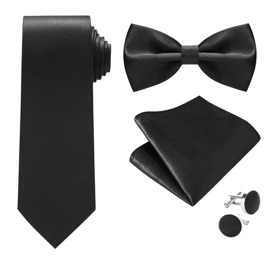 Black Bowtie Neck Tie Pocekt Square Cufflinks Set