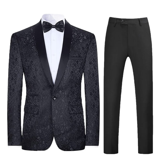 Mens Floral Tuxedo Suit Shwal Lapel All Black 2 Piece Set