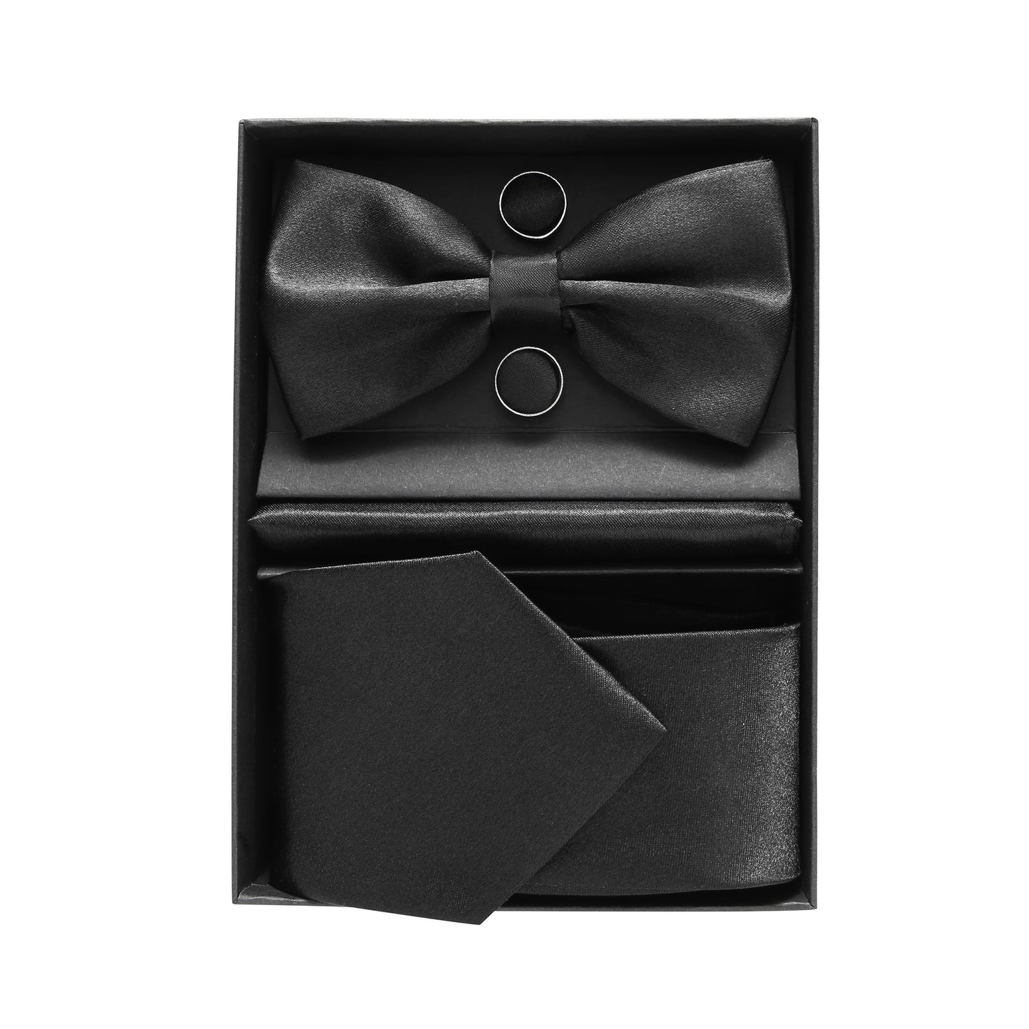 Black Bowtie Neck Tie Pocekt Square Cufflinks Set
