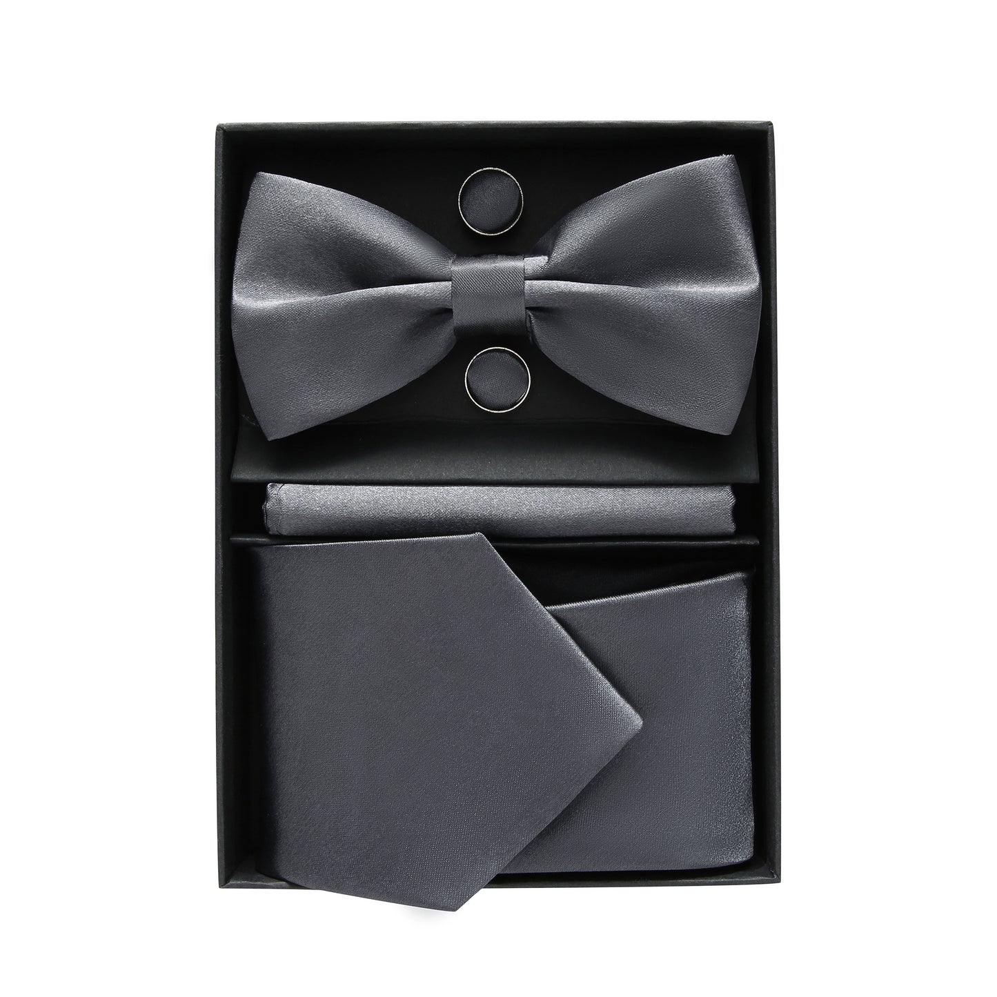 Dark Grey Bow Tie Neck Tie Pocekt Square Cufflinks Set - 4 Piece