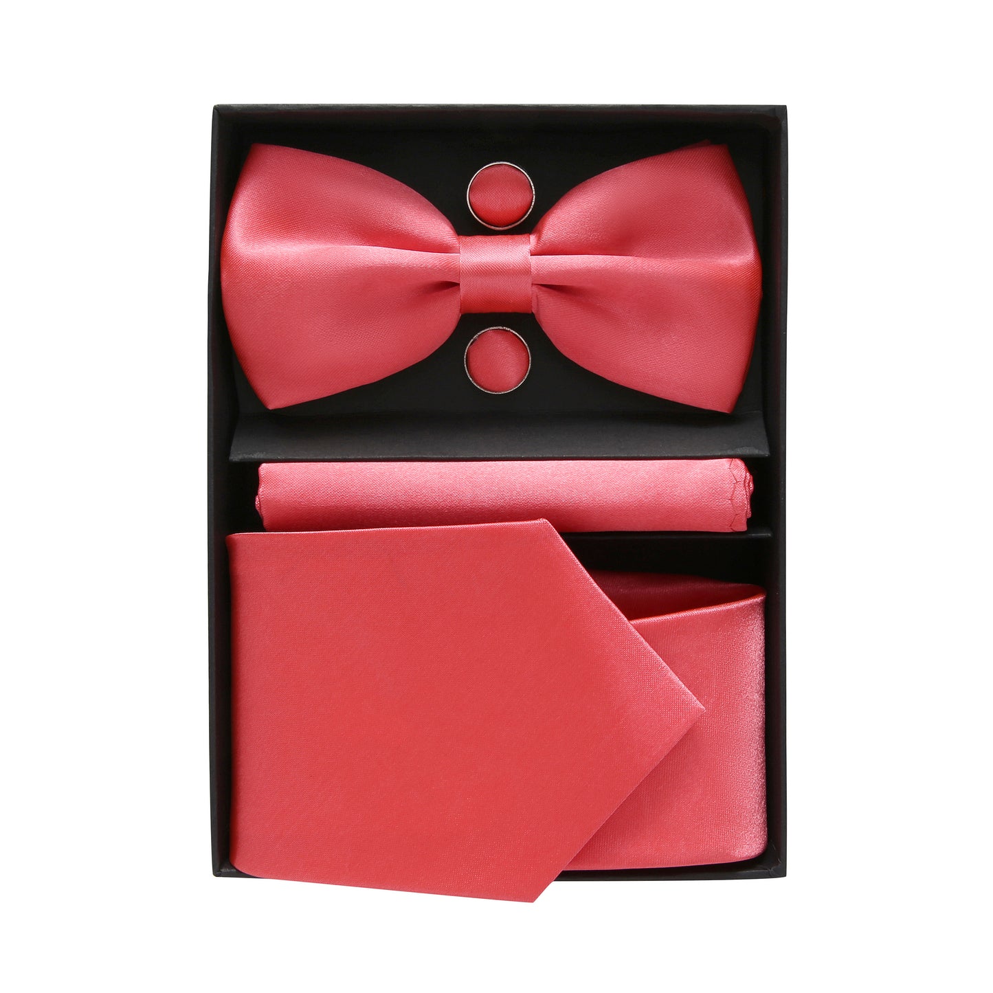 Coral Red Bow Tie Neck Tie Pocekt Square Cufflinks Set