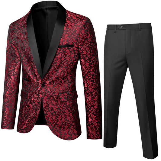 Men's 2 Piece Suits Jacquard Tuxedo Burgundy Color