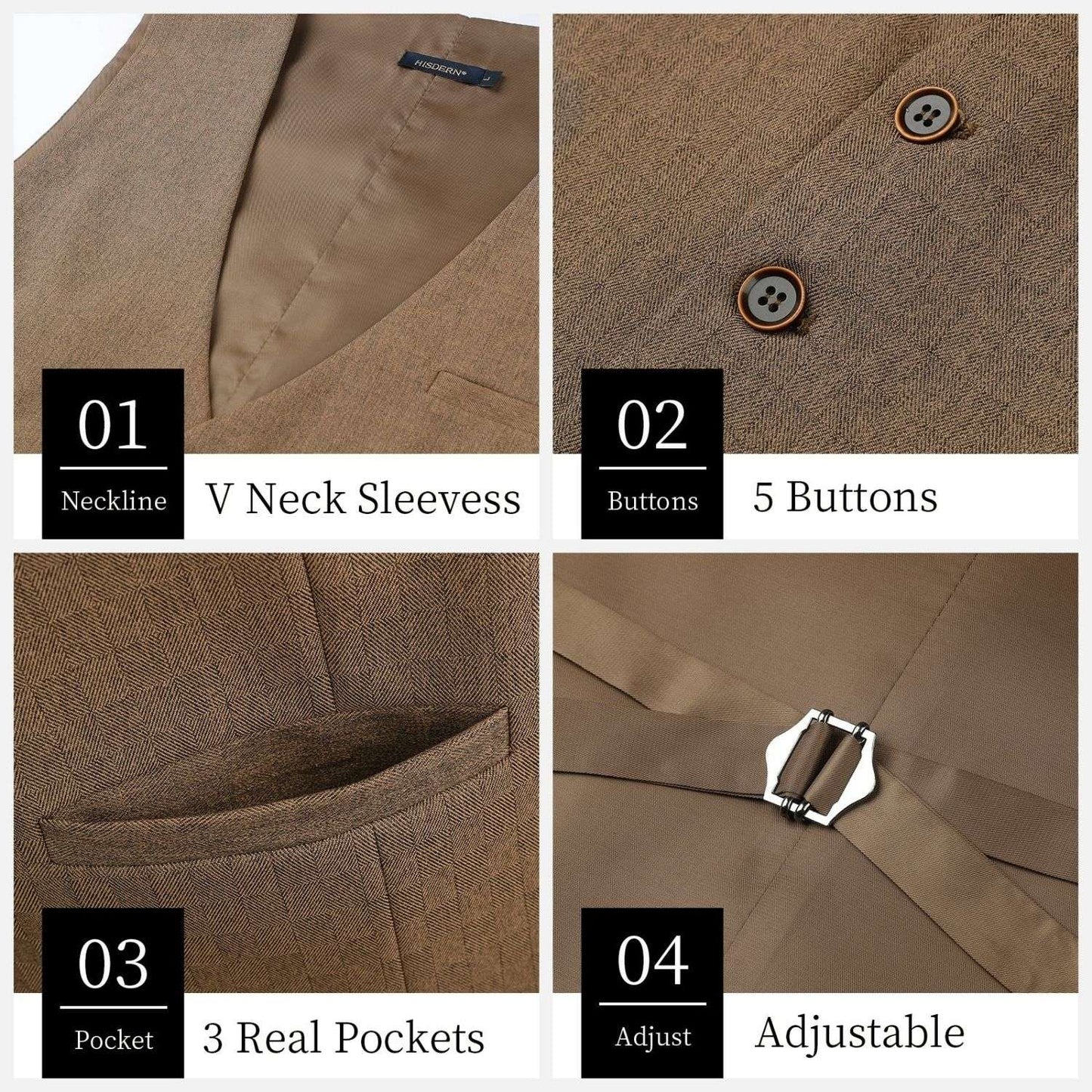 Hisdern Men's Khaki Solid Wedding Vest For Skinny Guys