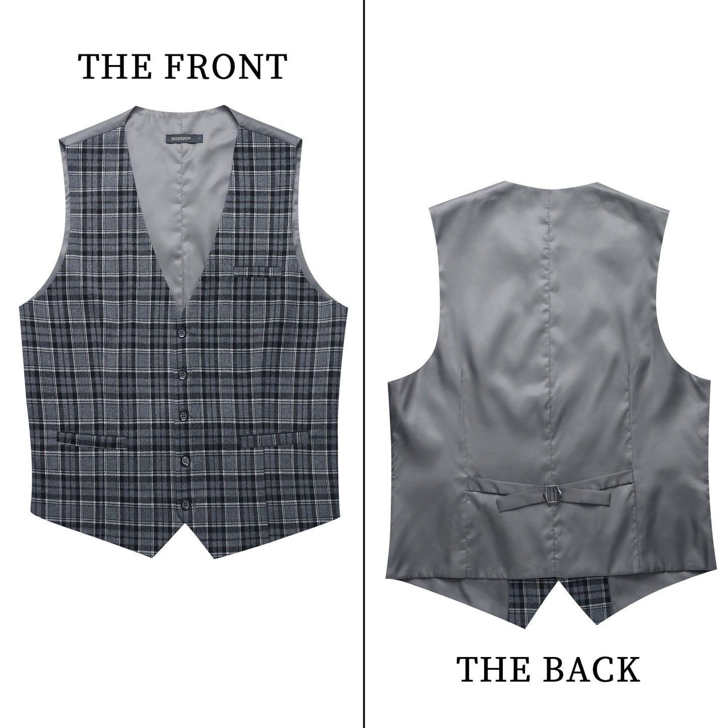Hisdern Men's Grey Plaid Wedding Vest For Skinny Guys
