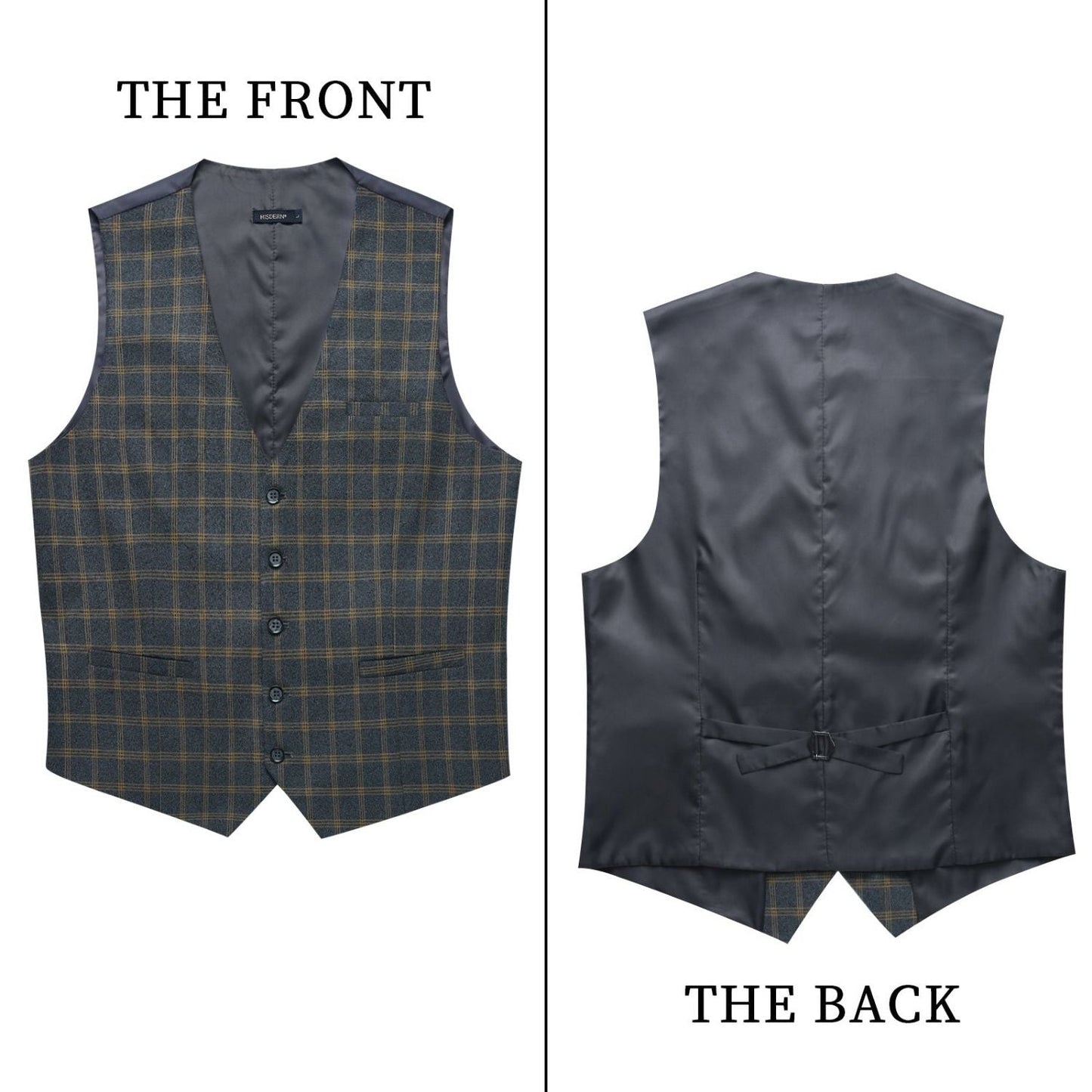 Hisdern Men's Brown Blue Plaid Slim Suit Vest Formal Wear