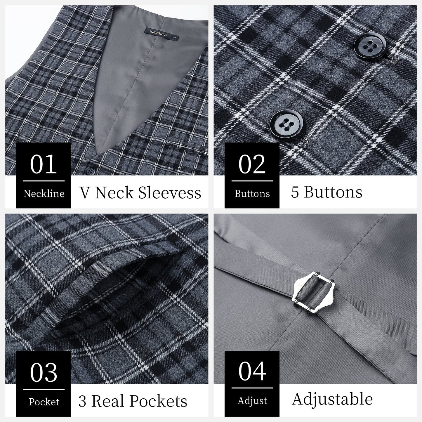 Hisdern Men's Grey Plaid Wedding Vest For Skinny Guys