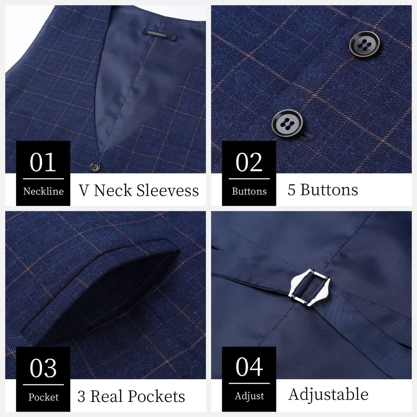 Hisdern Men's Blue Plaid Slim Suit Vest Formal Wear