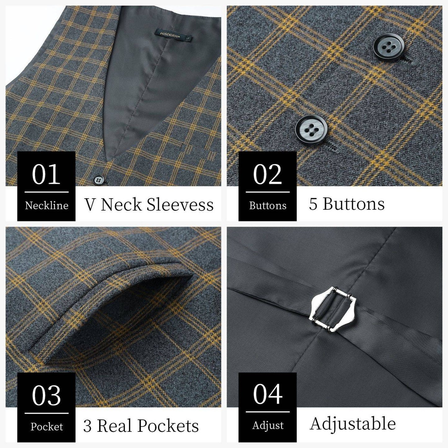 Hisdern Men's Brown Blue Plaid Slim Suit Vest Formal Wear