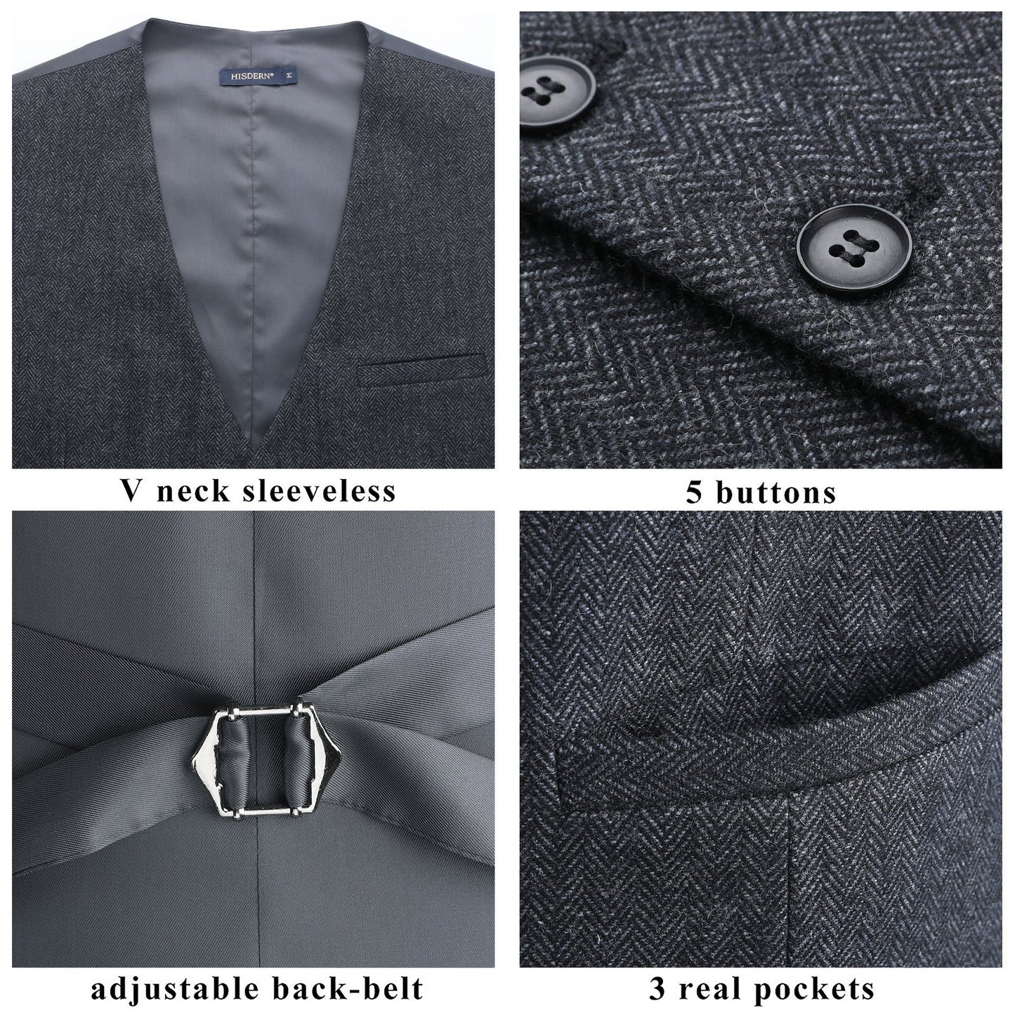 Hisdern Men's Charcoal Wool Blend Suit Vest Formal Wear