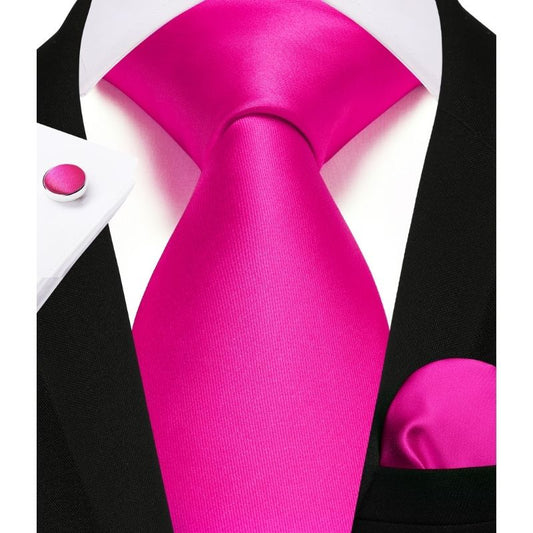 Hisdern Hot Pink Solid Wedding Accessories Set with Cufflinks