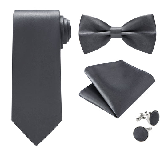 Dark Grey Bow Tie Neck Tie Pocekt Square Cufflinks Set - 4 Piece