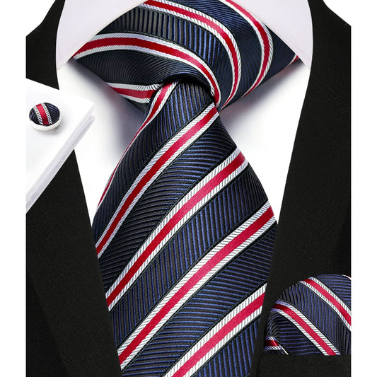 Hisdern Navy Red Striped Business Accessories Set with Cufflinks