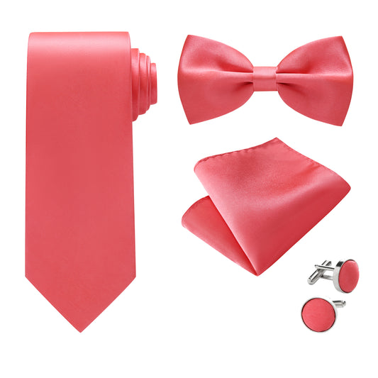 Coral Red Bow Tie Neck Tie Pocekt Square Cufflinks Set