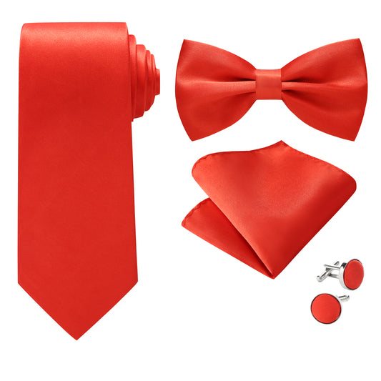 Red Bowtie Neck Tie Pocekt Square Cufflinks Set - 4 Piece