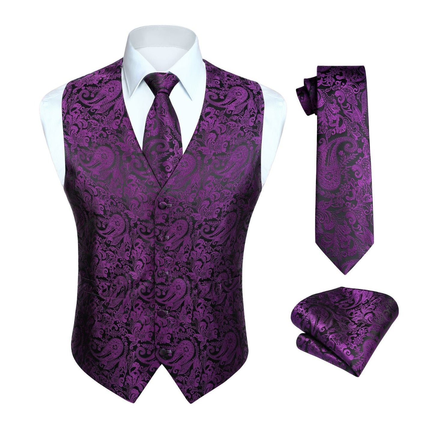 Hisdern Men's Purple Paisley Vest Tie Set For Weddings