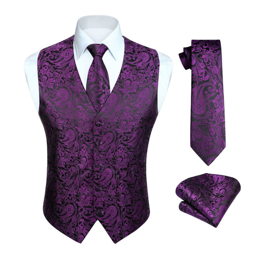 Hisdern Purple Paisley  Silk-Lined Dress Vest Tie Set For Weddings