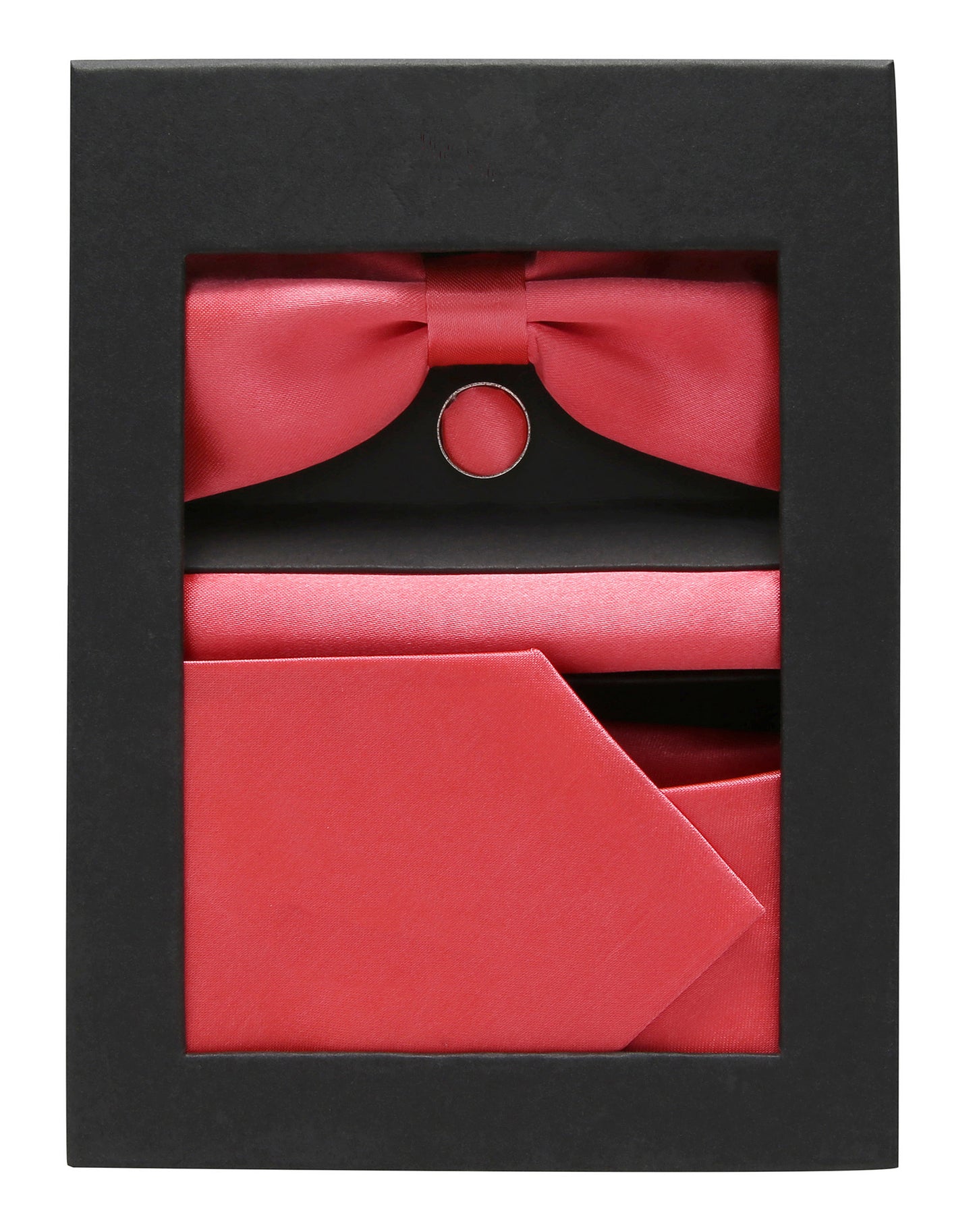 Coral Red Bow Tie Neck Tie Pocekt Square Cufflinks Set