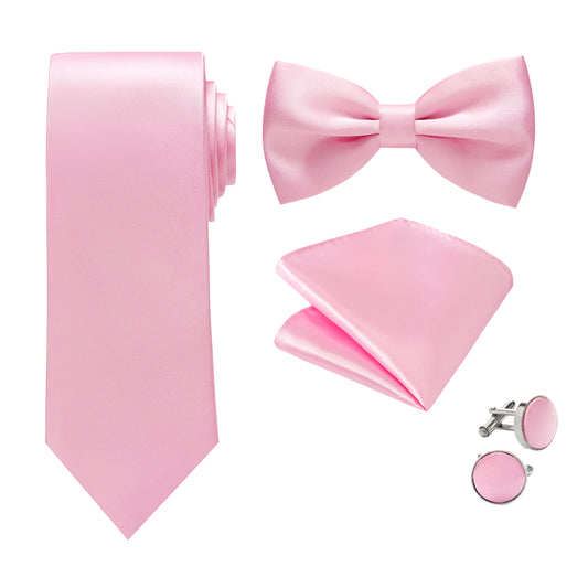 Pink Bow Tie Neck Tie Pocekt Square Cufflinks Set