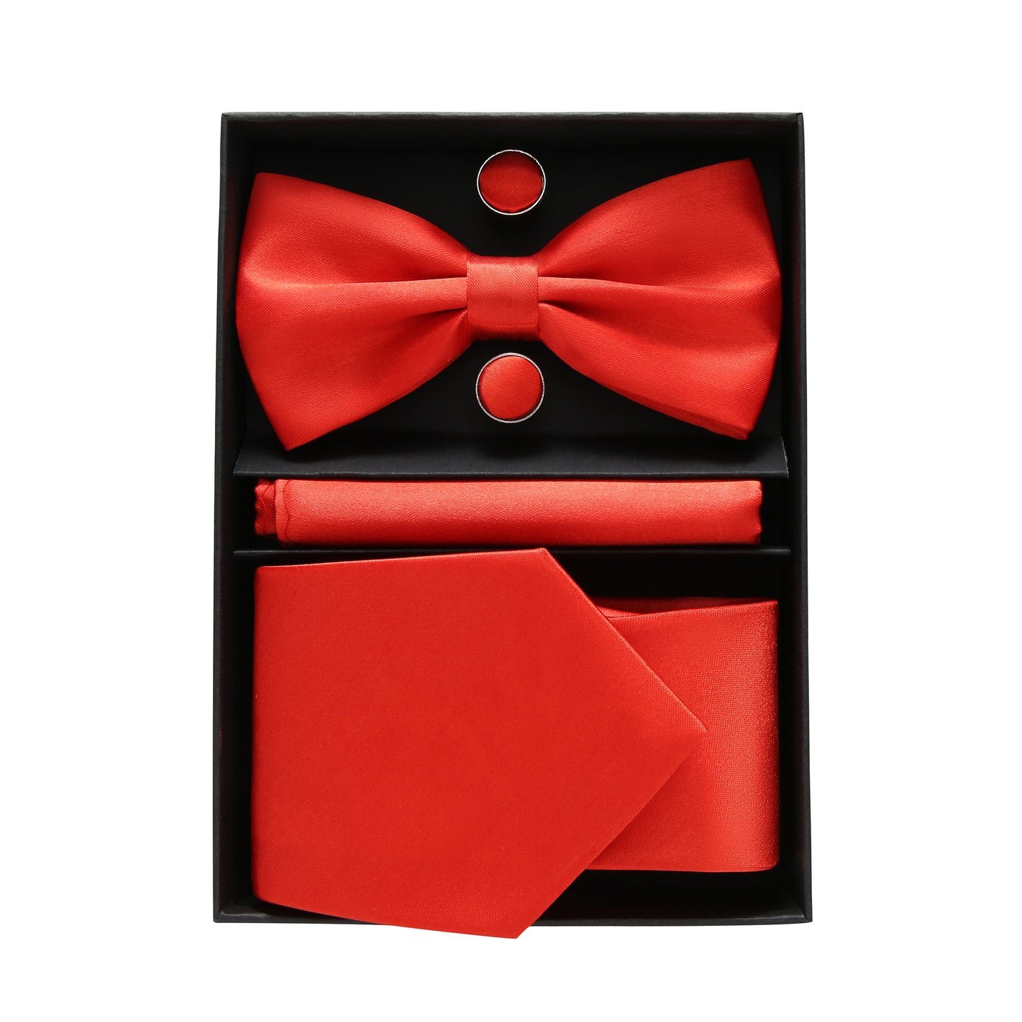 Red Bowtie Neck Tie Pocekt Square Cufflinks Set - 4 Piece