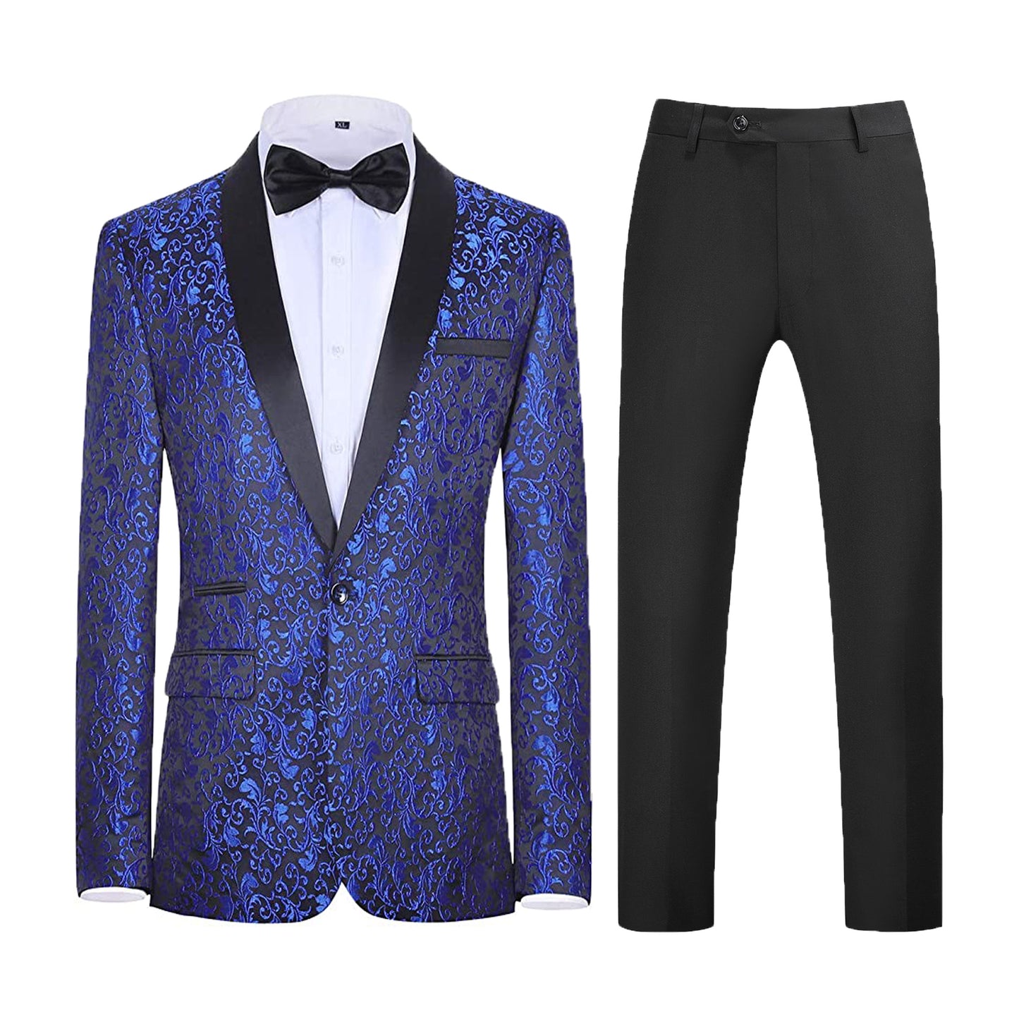 Mens Floral Tuxedo Suit Shwal Lapel Royal Blue 2 Piece Set
