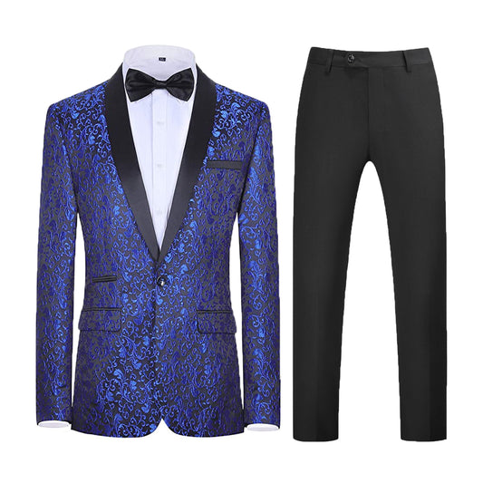 Mens Floral Tuxedo Suit Shwal Lapel Royal Blue 2 Piece Set