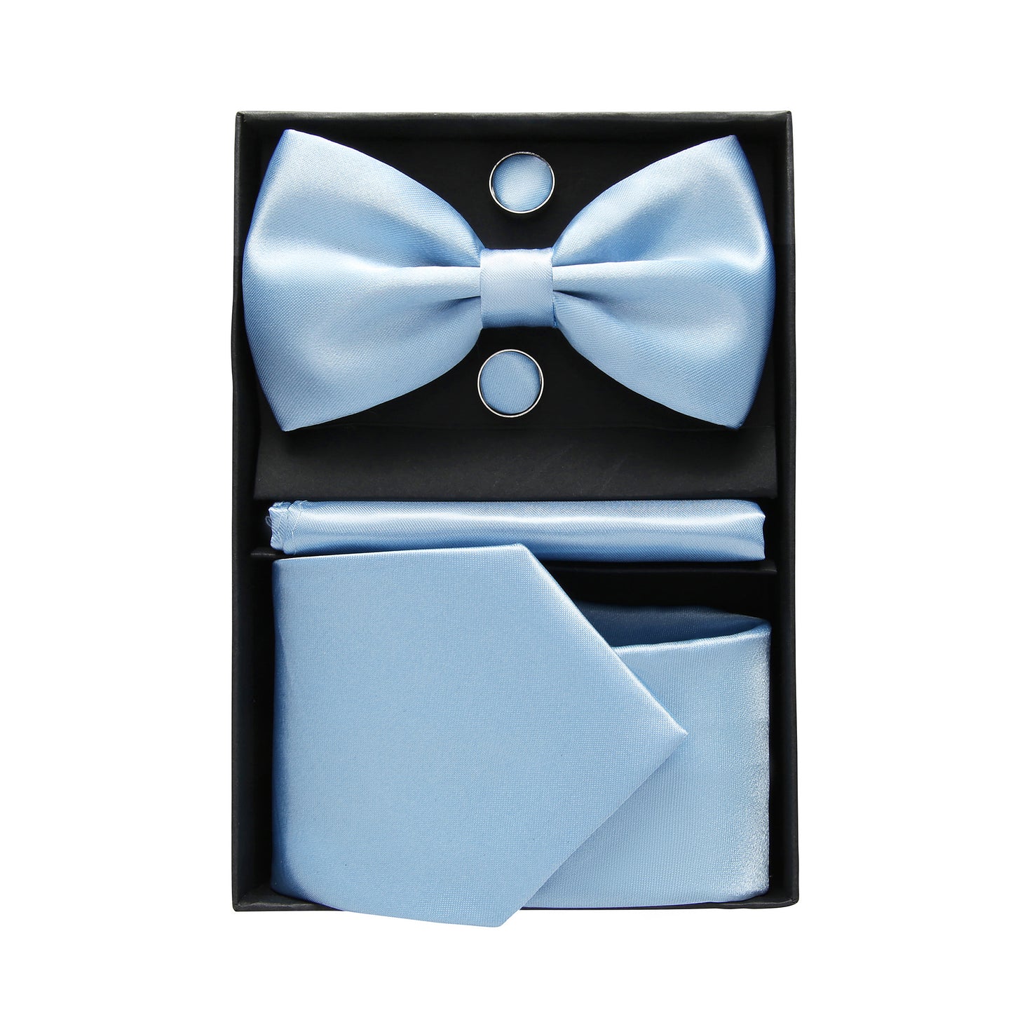Light Blue Bowtie Neck Tie Pocekt Square Cufflinks Set