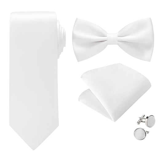 White Bowtie Neck Tie Pocekt Square Cufflinks Set