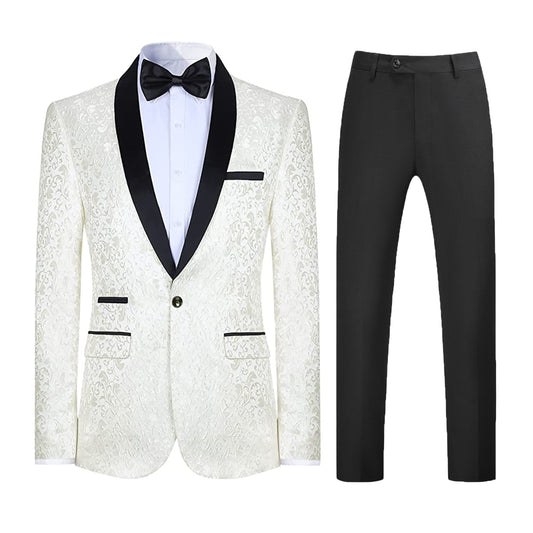 Mens Floral Tuxedo Suit Shwal Lapel White 2 Piece Set